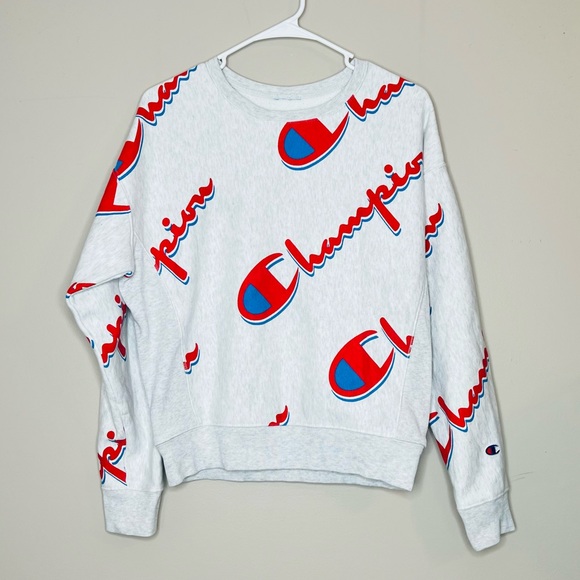 Champion Logo Pullover Knit Sweatshirt Athletic Athleisure Crew Neck Long Sleeve - Picture 3 of 11